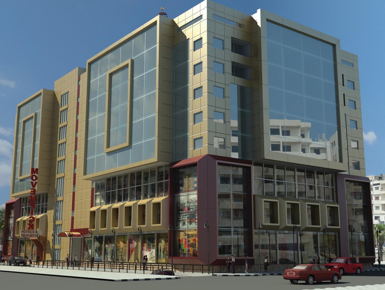 ASSAS Group, Syria. Jableh Hotel and Mall: Architectural visualisation of the glazed hotel tower and mall frontage at a street corner.